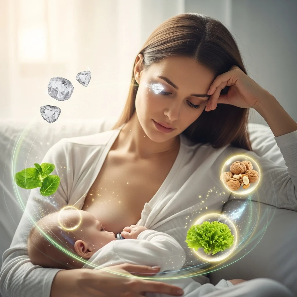 Kobieta karmiąca piersią dziecko, otoczona ilustracjami: diamenty, orzechy, sałata, liście.