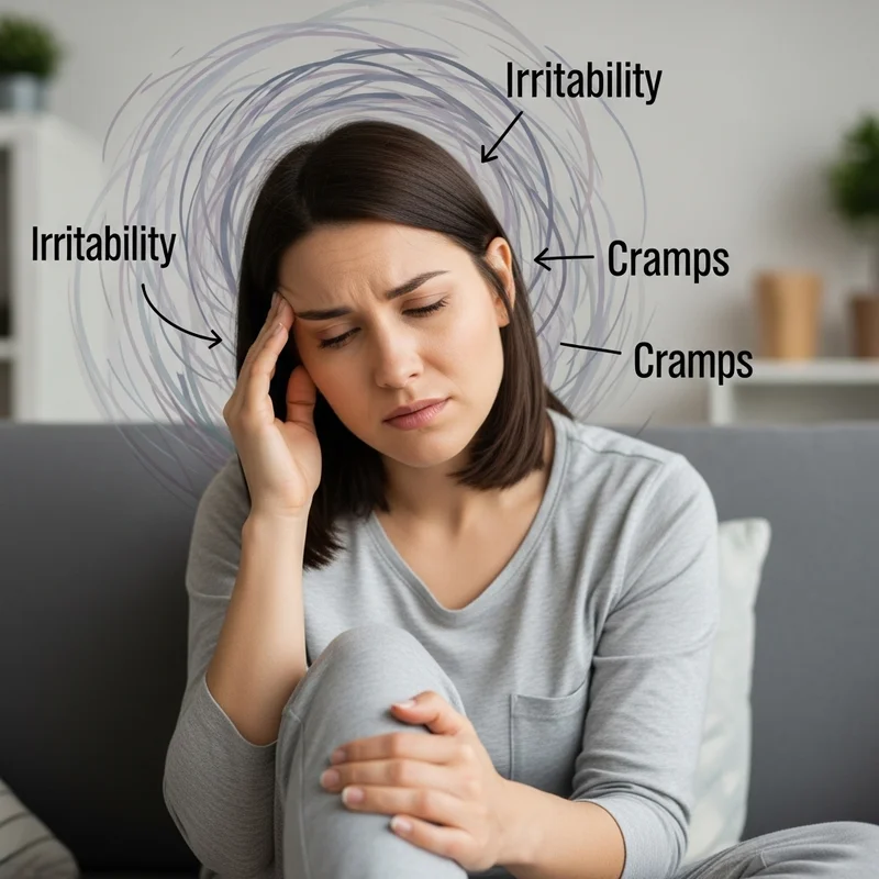 Kobieta z zamkniętymi oczami, trzymająca się za głowę, z zaznaczonymi objawami: rozdrażnienie i skurcze.