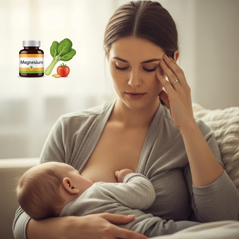 Kobieta karmi piersią, zmagając się z bólem głowy. Obok butelka z napisem 'Magnez' oraz warzywa.