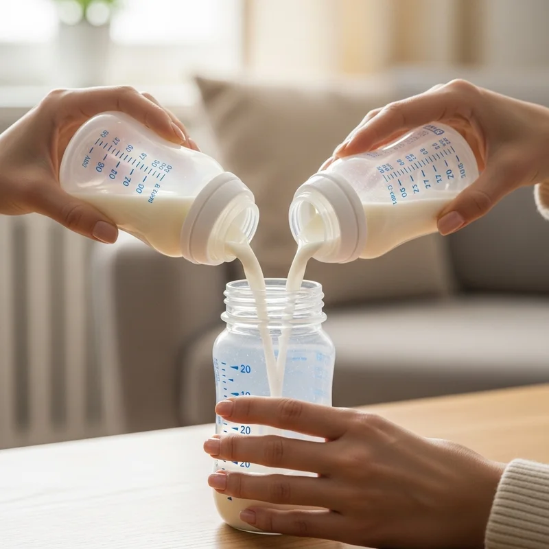 Kobieta przelewa mleko z dwóch butelek do trzeciej, na drewnianym stole. W tle widoczny jest salon.