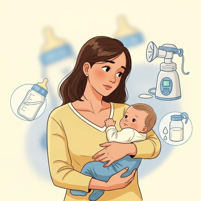 Matka trzyma dziecko, obok butelka, laktator i pojemnik z mlekiem. Wygląda na zamyśloną, rozważającą karmienie mieszane.