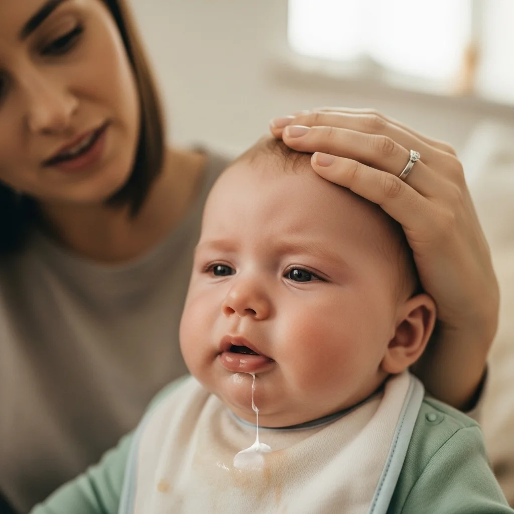 Niemowlak z ulanym mlekiem na śliniaczku, matka trzyma rękę na jego głowie, wyrażając troskę.