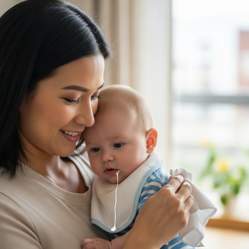 Kobieta trzyma na rękach niemowlę, któremu ścieka ślina z buzi. Uśmiecha się, trzymając chusteczkę.