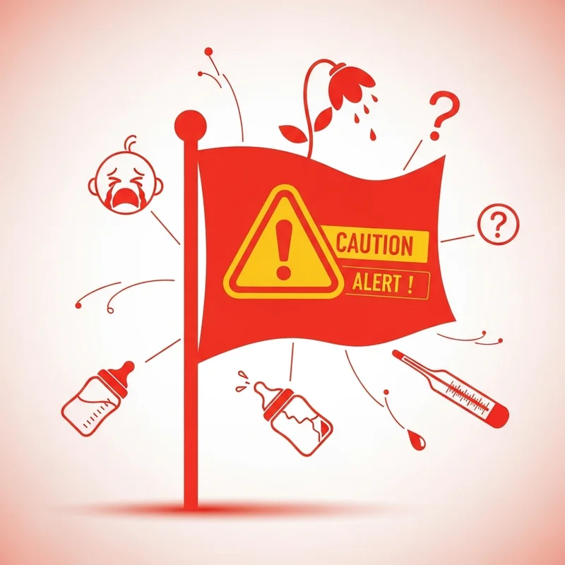 Ilustracja z flagą ostrzegawczą, symbolami niemowlęcia, butelki, termometru i znaku zapytania, sugerująca sytuację wymagającą uwagi.