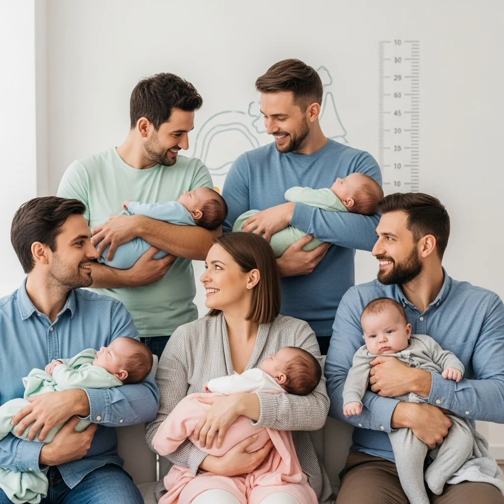 Grupa rodziców z niemowlakami: trzy pary mężczyzn i jedna kobieta. Wszyscy trzymają po jednym dziecku, uśmiechając się do siebie.