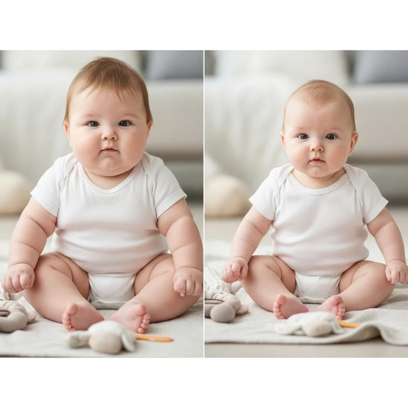 Dwa niemowlęta w białych body siedzą naprzeciwko siebie na dywanie, jedno ma większą budowę ciała niż drugie.