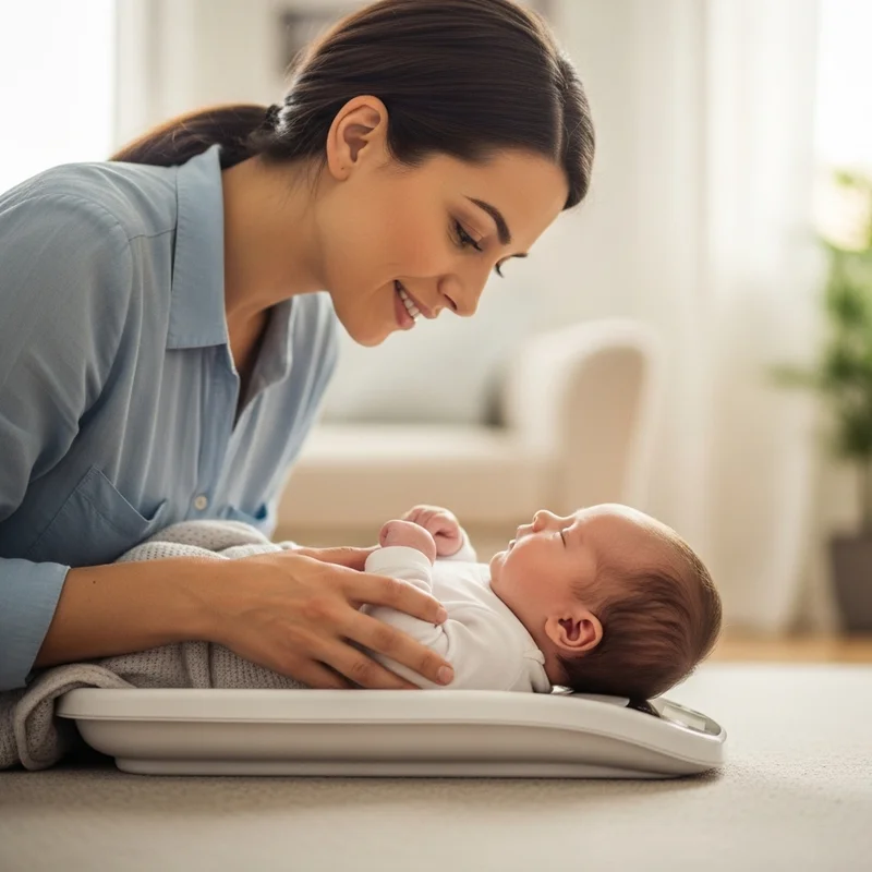 Kobieta patrzy na niemowlę leżące na wadze. Uśmiechnięta matka delikatnie trzyma dziecko, sprawdzając jego wagę.