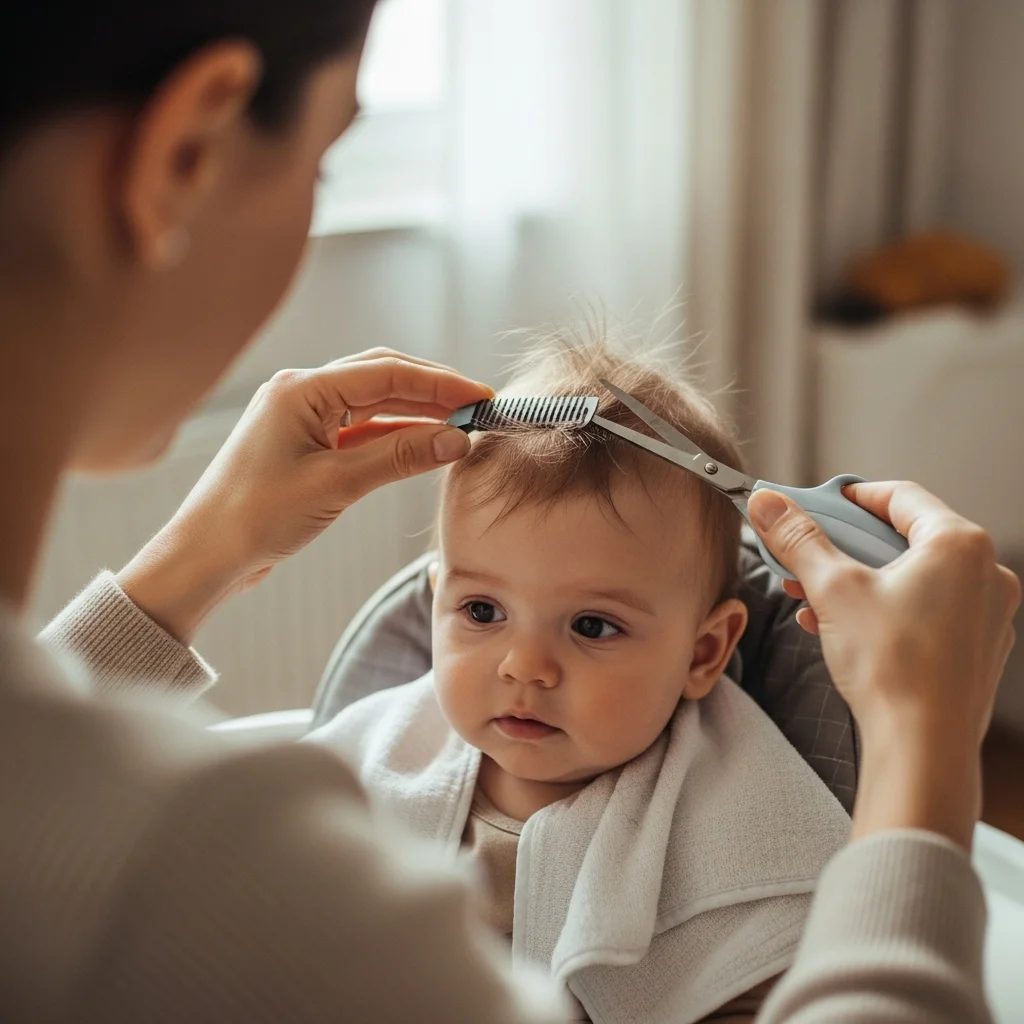 Osoba obcina włosy niemowlęciu siedzącemu w krzesełku. Używa grzebienia i nożyczek. Dziecko patrzy w stronę kamery.
