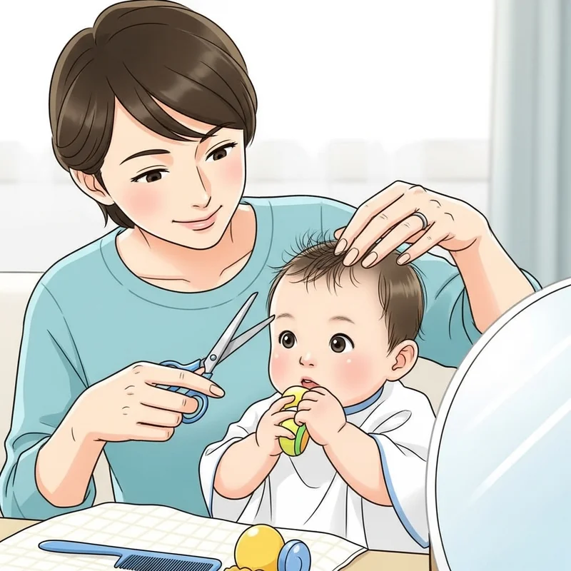 Kobieta obcina włosy niemowlęciu, które gryzie zabawkę. Na stole leżą grzebień i inne akcesoria do strzyżenia.