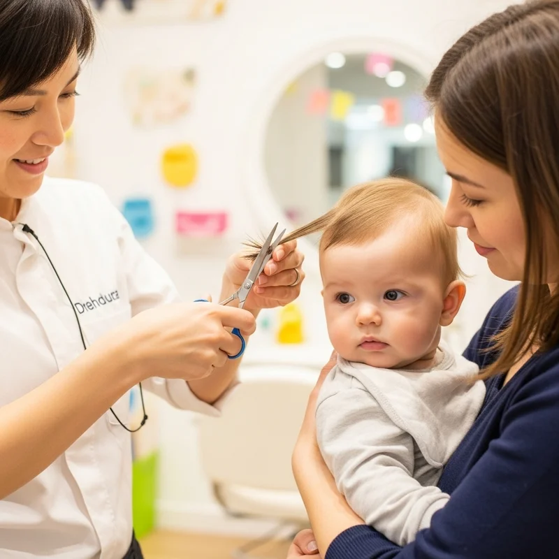 Fryzjerka obcina włosy małemu dziecku, które siedzi na rękach matki w salonie fryzjerskim. Kobieta trzyma dziecko i patrzy na fryzjerkę.