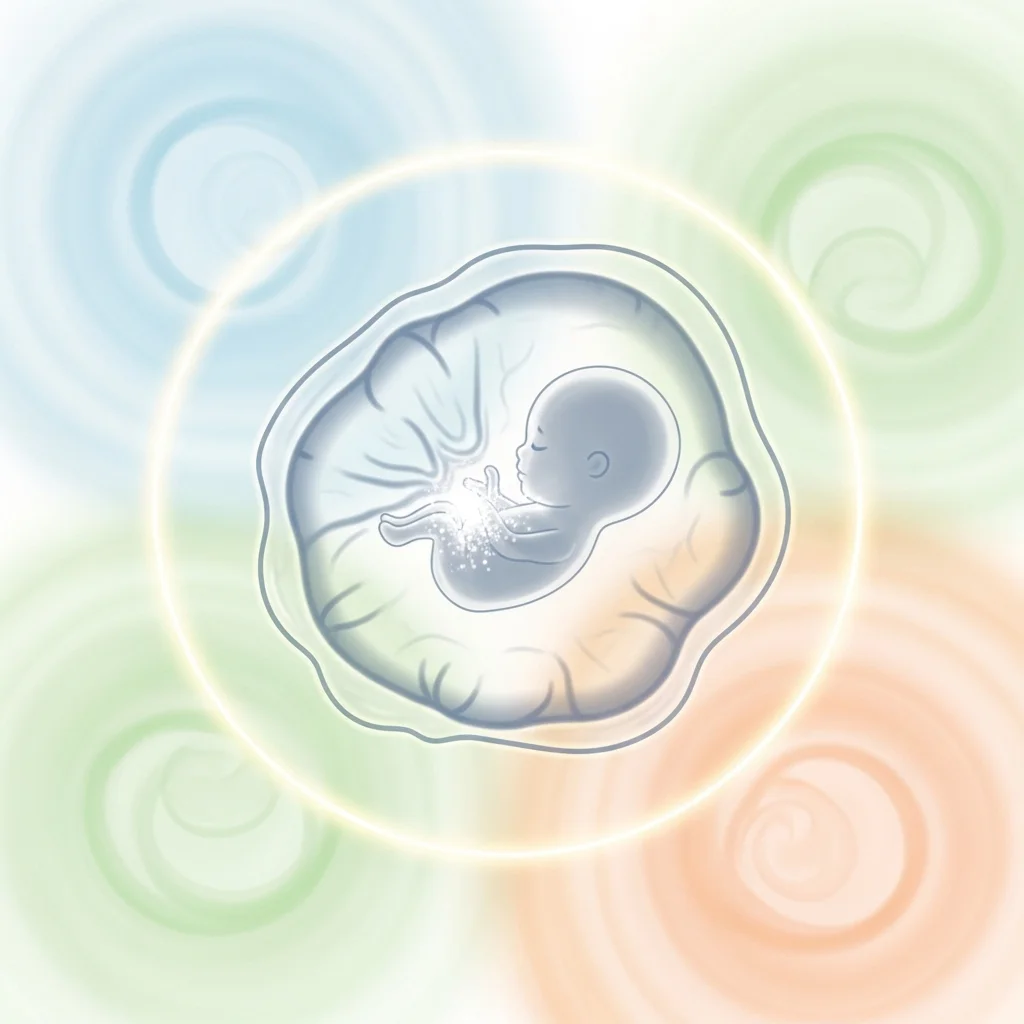 Ilustracja rozwoju płodu w pęcherzyku ciążowym otoczonym kolorowymi kręgami, symbolizująca początek życia.