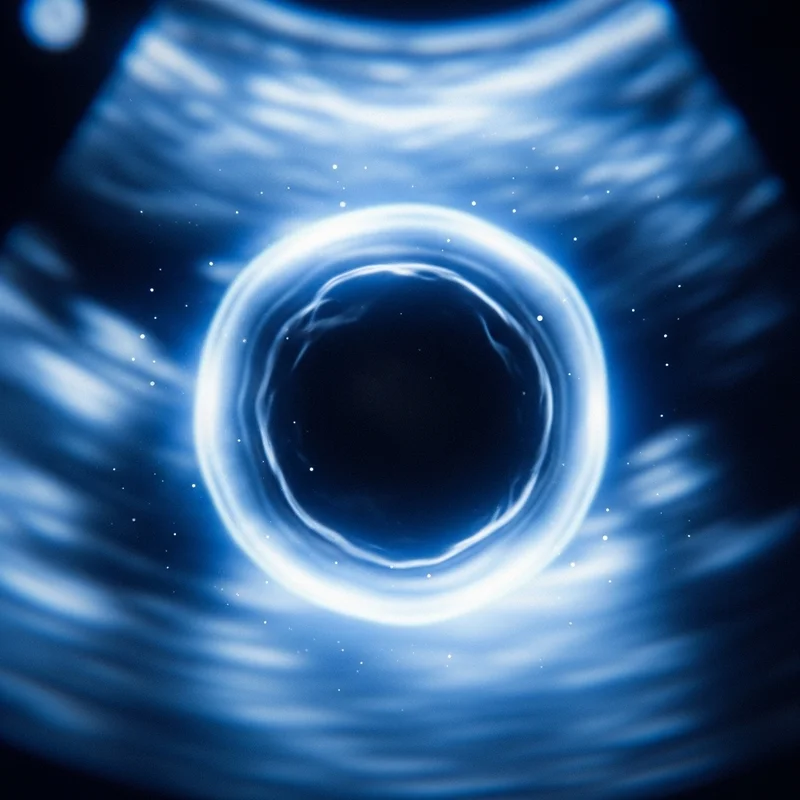 Obraz USG przedstawiający okrągły pęcherzyk ciążowy w kolorze niebieskim, otoczony jasną obwódką i widocznymi gwiazdkami.