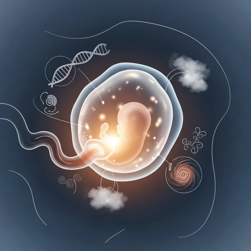 Ilustracja przedstawiająca zarodek w pęcherzyku ciążowym, otoczony symbolami DNA i innymi elementami związanymi z rozwojem płodu.