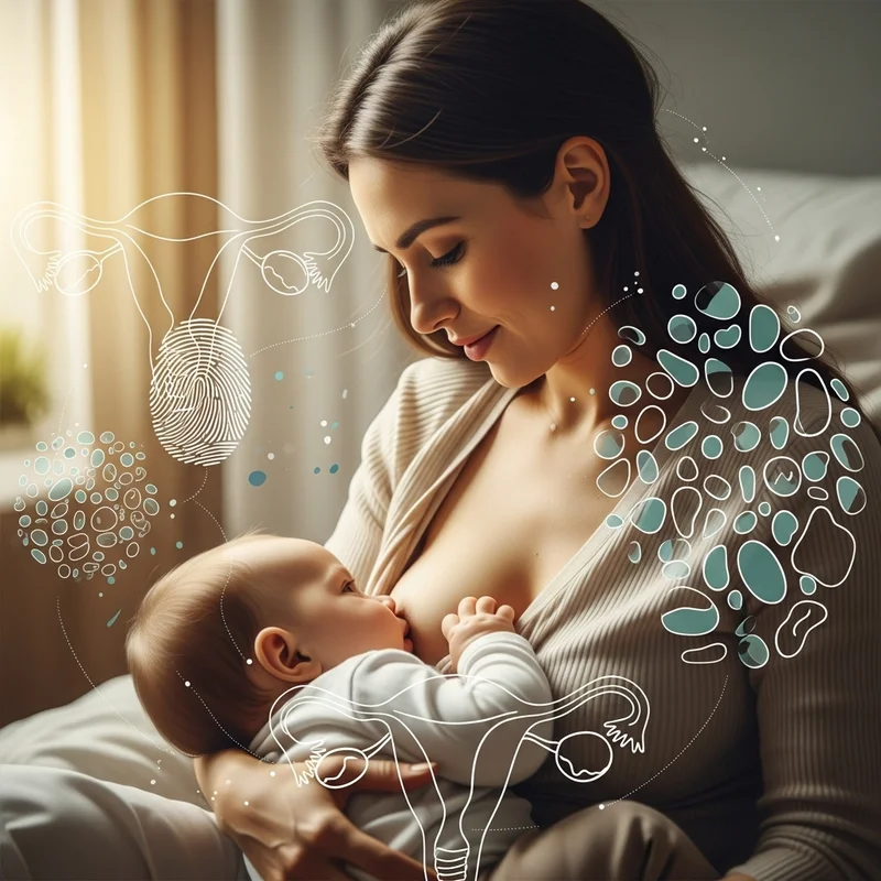 Kobieta karmi dziecko piersią, otoczona schematycznymi rysunkami układu rozrodczego i komórek.