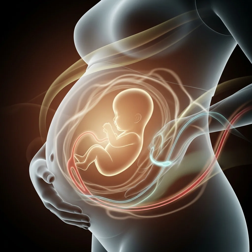 Ilustracja przedstawia kobietę w ciąży z widocznym w łonie płodem i pępowiną dwunaczyniową (SUA).