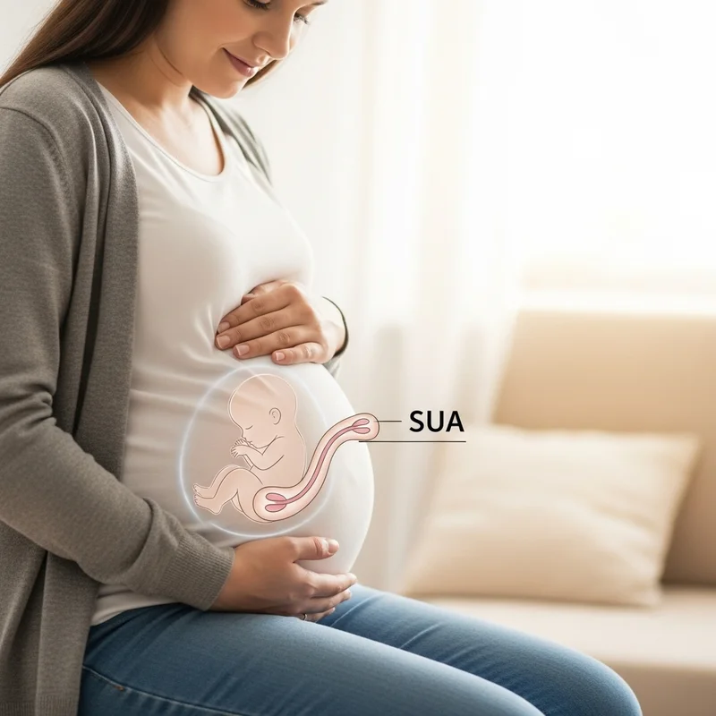 Kobieta w ciąży trzymająca dłonie na brzuchu, na którym widoczny jest schemat z dwoma naczyniami pępowiny (SUA).