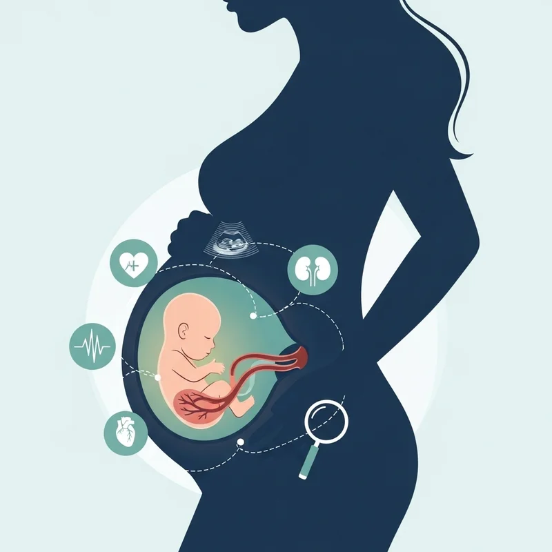 Ilustracja kobiety w ciąży z widocznym płodem wewnątrz, otoczonym ikonami organów i badań diagnostycznych.