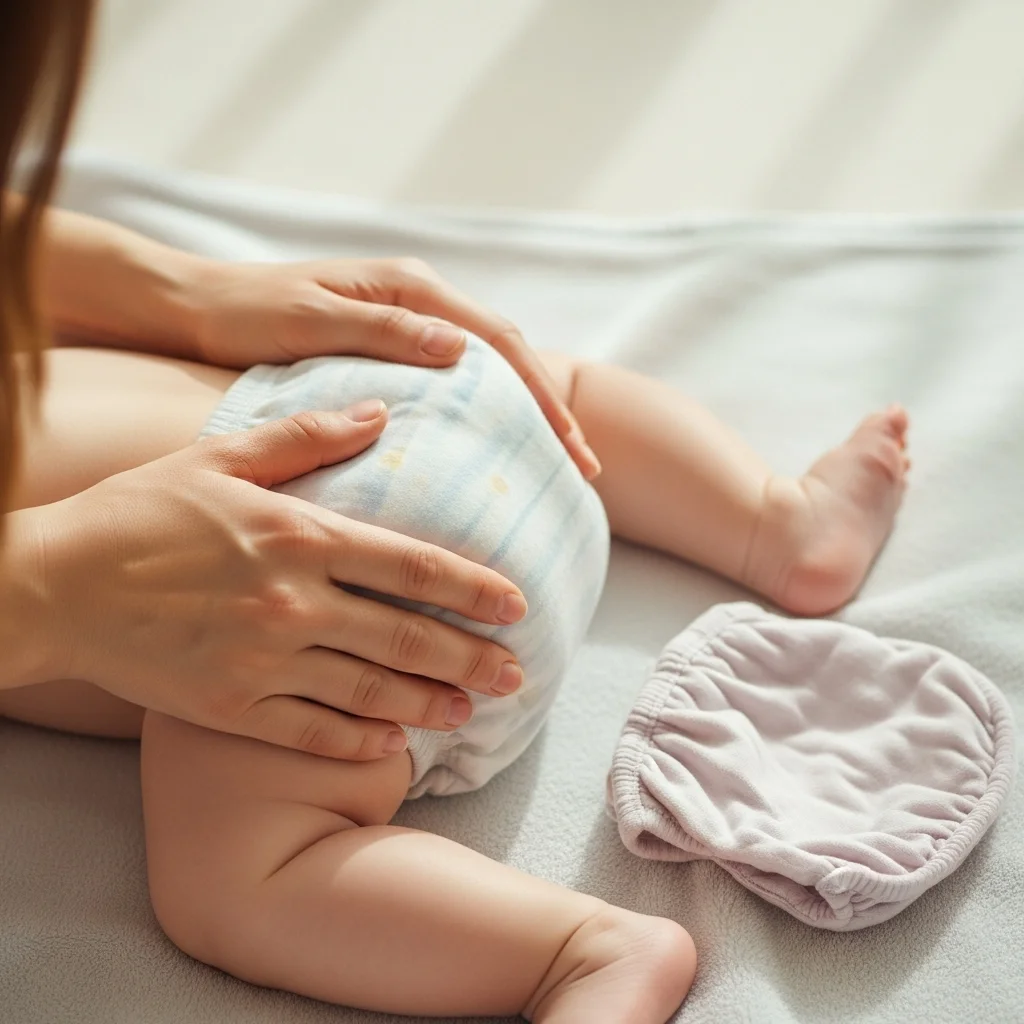 Dłonie rodzica trzymające pupę niemowlęcia w pieluszce. Obok leży różowa majteczka.