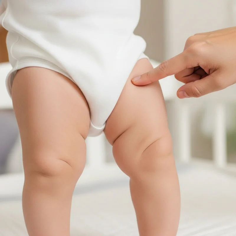 Dłoń osoby dorosłej dotyka dłoni dziecka w białym body, zwracając uwagę na asymetryczne fałdki na udach.