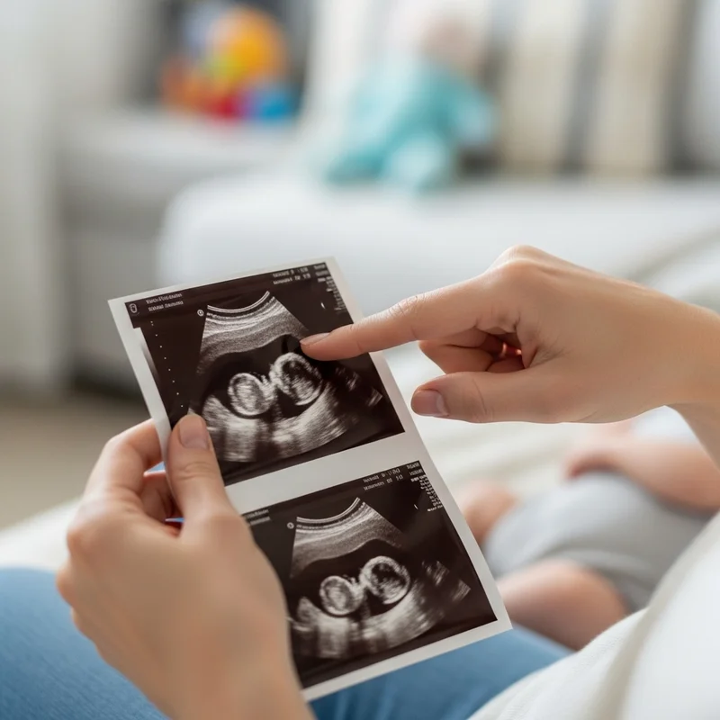 Kobieta trzyma w dłoniach zdjęcie USG bioderek dziecka, palcem wskazując na jeden z obrazów, w tle widoczne niemowlę.