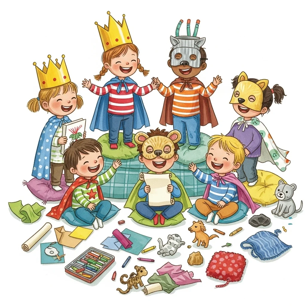 Grupa dzieci w kostiumach i koronach bawiąca się w teatr. Na podłodze leżą rekwizyty i przybory do malowania.