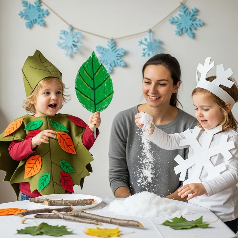 Dzieci w kostiumach liści i płatka śniegu bawią się ze śniegiem z mamą przy stole ozdobionym dekoracjami jesienno-zimowymi.