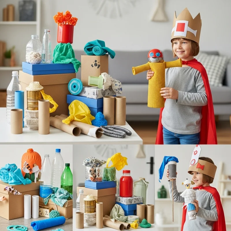 Dziecko w koronie i pelerynie trzymające ręcznie robione zabawki. Na stole obok stosy pudełek i materiałów recyklingowych.