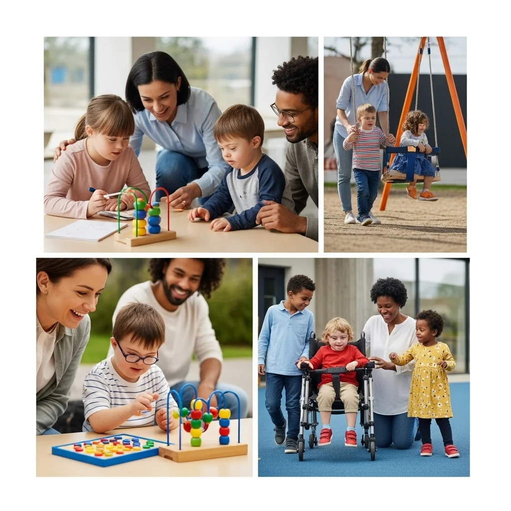 Cztery zdjęcia dzieci z zespołem Downa i niepełnosprawnościami w interakcji z dorosłymi w przedszkolu integracyjnym. Wspólna nauka i zabawa.