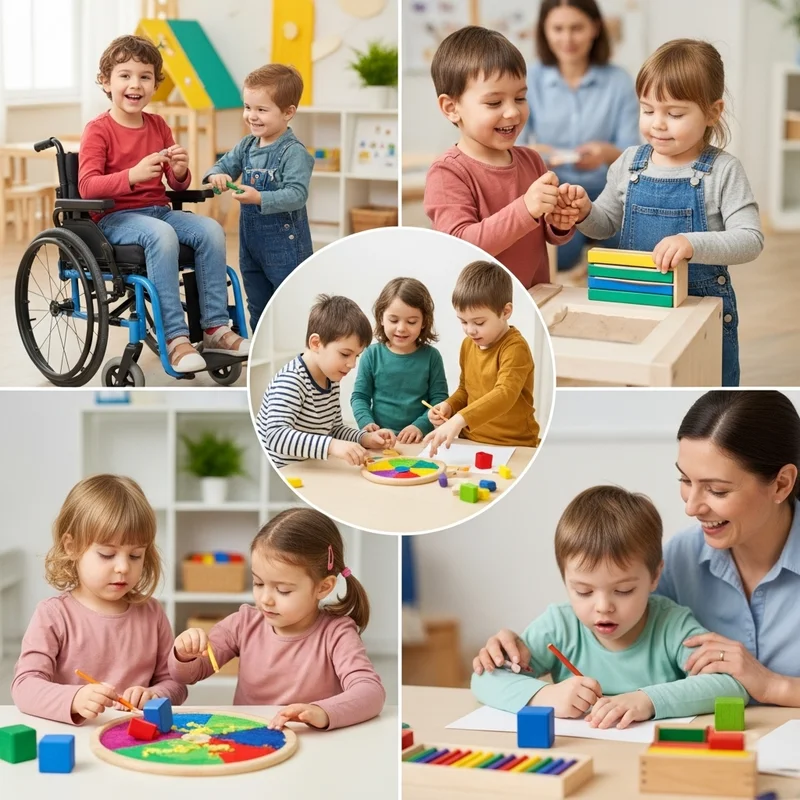 Dzieci w przedszkolu integracyjnym: zabawa klockami, rysowanie z nauczycielem i praca z kolorowymi elementami.