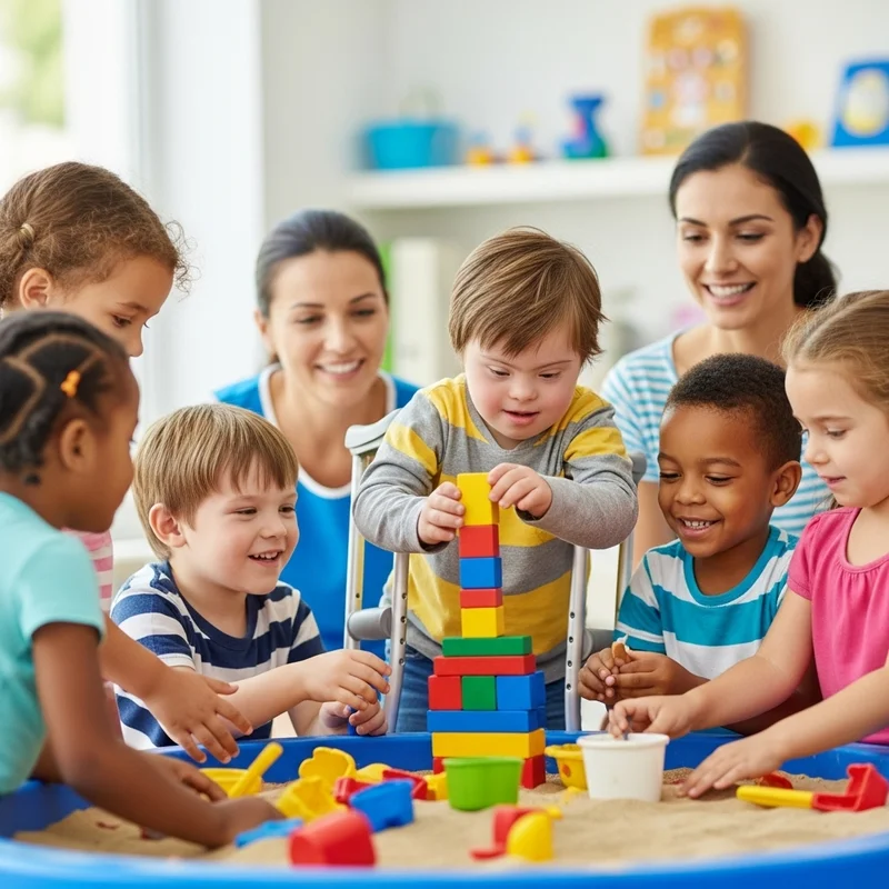 Dzieci w przedszkolu budują wieżę z klocków w obecności opiekunek. Grupa dzieci o różnych kolorach skóry i z różnymi potrzebami edukacyjnymi.