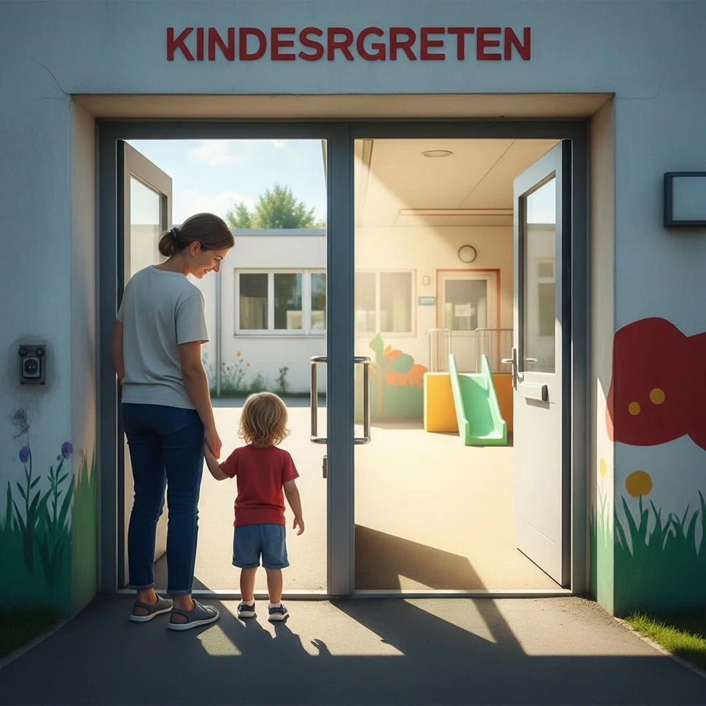 Kobieta z dzieckiem wchodzi do przedszkola. Na szyldzie nad drzwiami napis KINDESRGETEN.