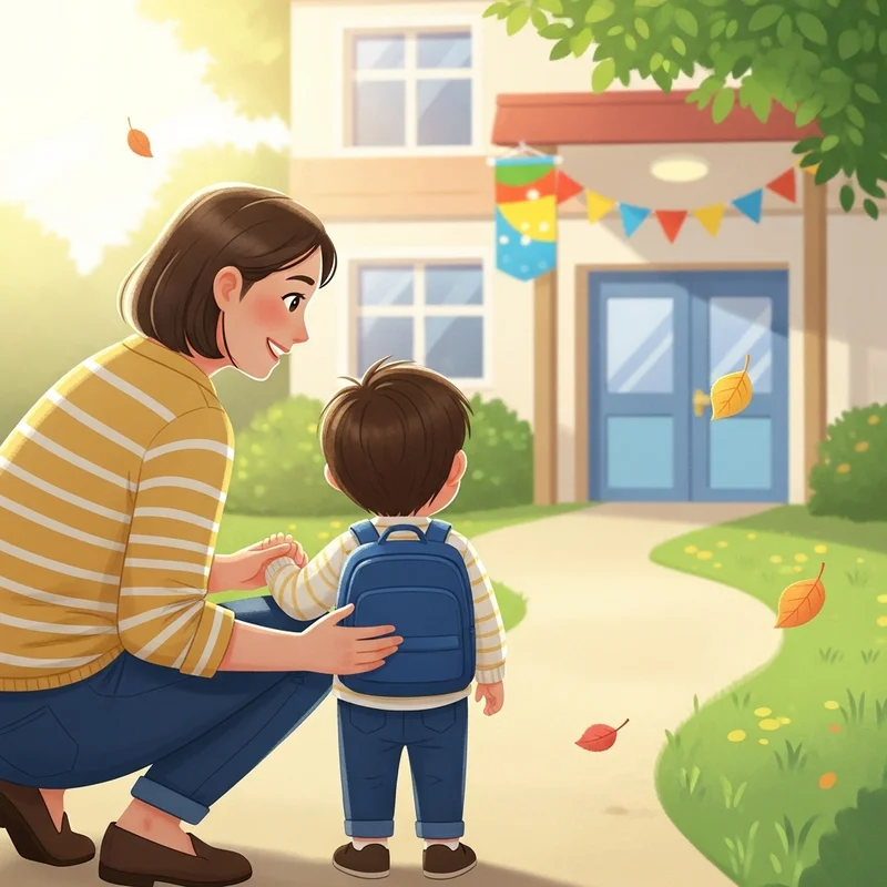 Matka i syn idą do przedszkola. Kobieta trzyma dziecko za rękę, obok nich leżą spadające liście.