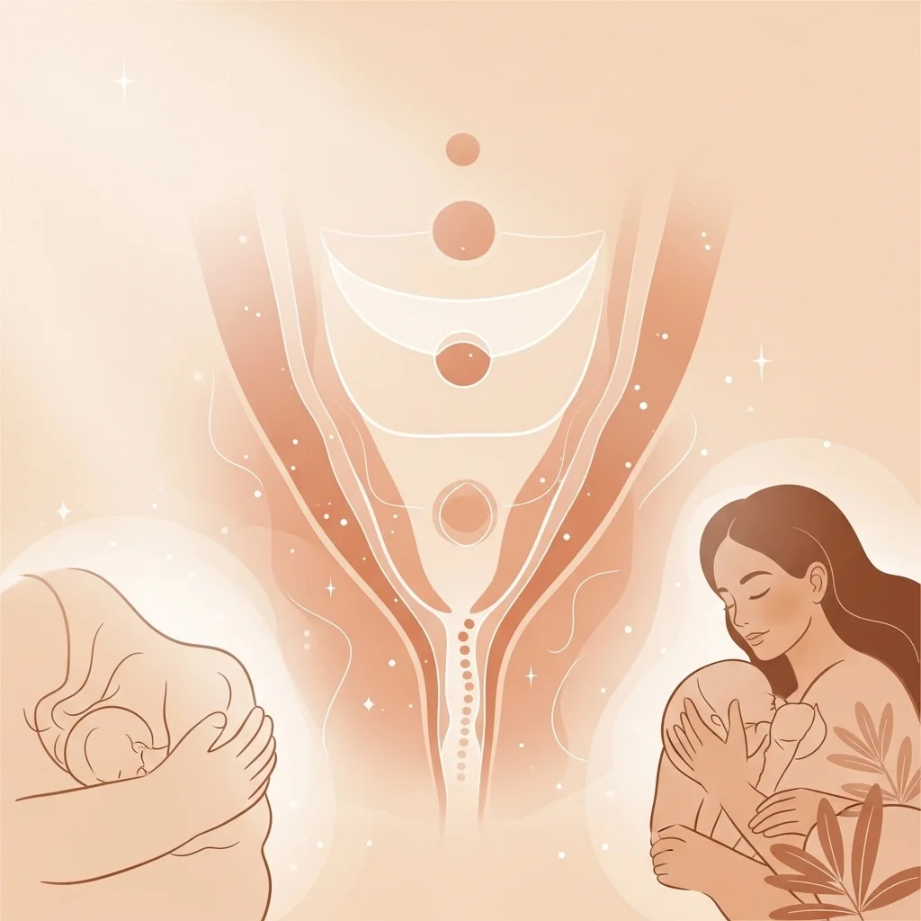 Ilustracja przedstawia dwie kobiety z dziećmi, stylizowane na tle abstrakcyjnego wzoru w odcieniach brązu, nawiązującego do kobiecego ciała.