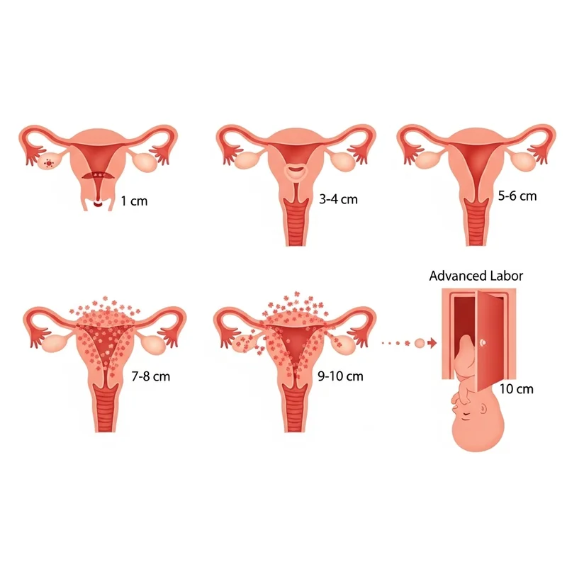 Ilustracja etapów rozwarcia szyjki macicy: 1 cm, 3-4 cm, 5-6 cm, 7-8 cm, 9-10 cm, oraz 'Advanced Labor' z zaznaczeniem 10 cm.
