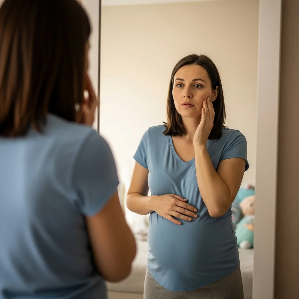 Kobieta w ciąży patrzy na swoje odbicie w lustrze, dotykając twarzy. Wygląda na zaniepokojoną i zmęczoną.