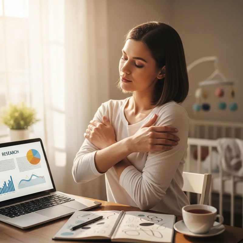 Kobieta siedzi przy biurku, obejmując się ramionami, z zamkniętymi oczami. Na biurku laptop, notatnik i filiżanka herbaty.