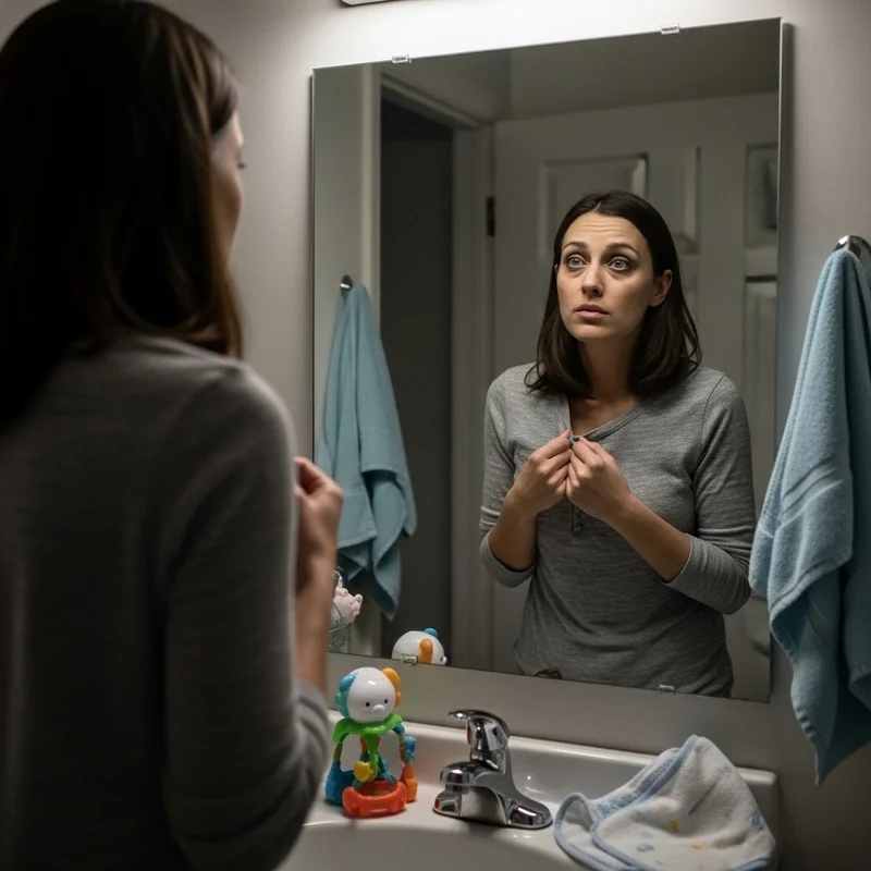 Kobieta spogląda w lustro w łazience, zmęczona i zmartwiona. Dookoła niej widać przedmioty związane z pielęgnacją dziecka.