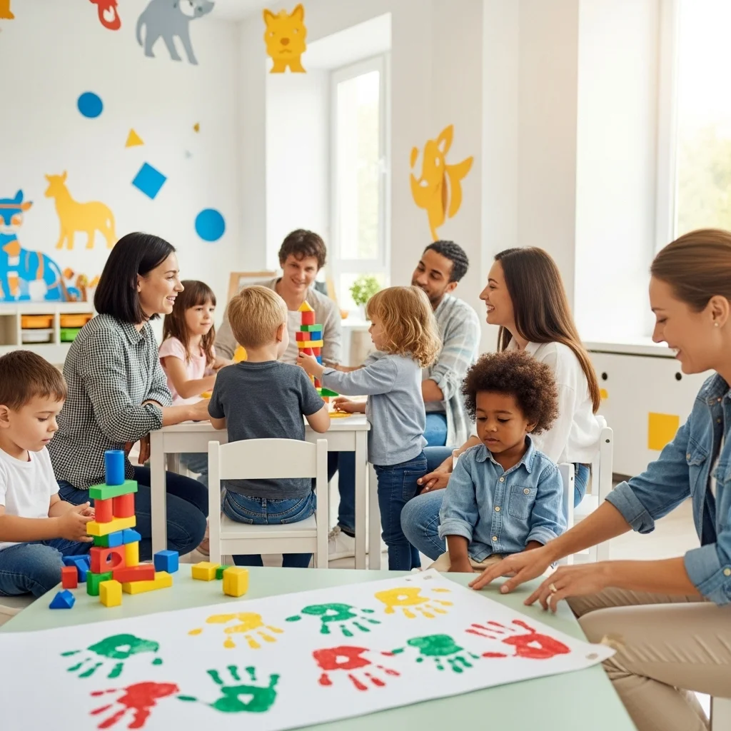 Przedszkolna integracja: dzieci i rodzice podczas zabawy z klockami i malowania dłoni na kartce, w jasnym pomieszczeniu.