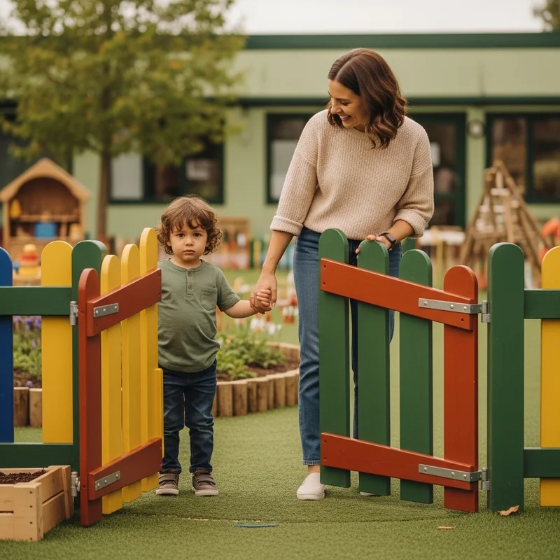 Kobieta i małe dziecko stoją przy kolorowym ogrodzeniu przedszkola. Trzymają się za ręce, patrząc w obiektyw.