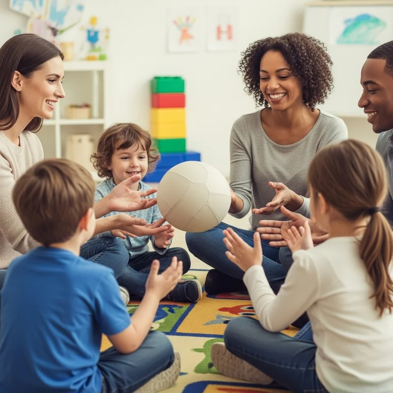 Dzieci i dorośli siedzą w kręgu, bawiąc się piłką. Uczą się imion i nawiązują kontakt wzrokowy na spotkaniu integracyjnym w przedszkolu.