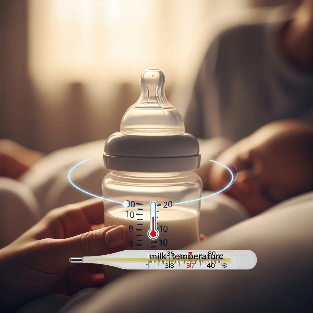 Dłoń trzymająca butelkę z mlekiem i termometr. Na butelce widać skalę temperatury, a na termometrze 37 stopni Celsjusza.