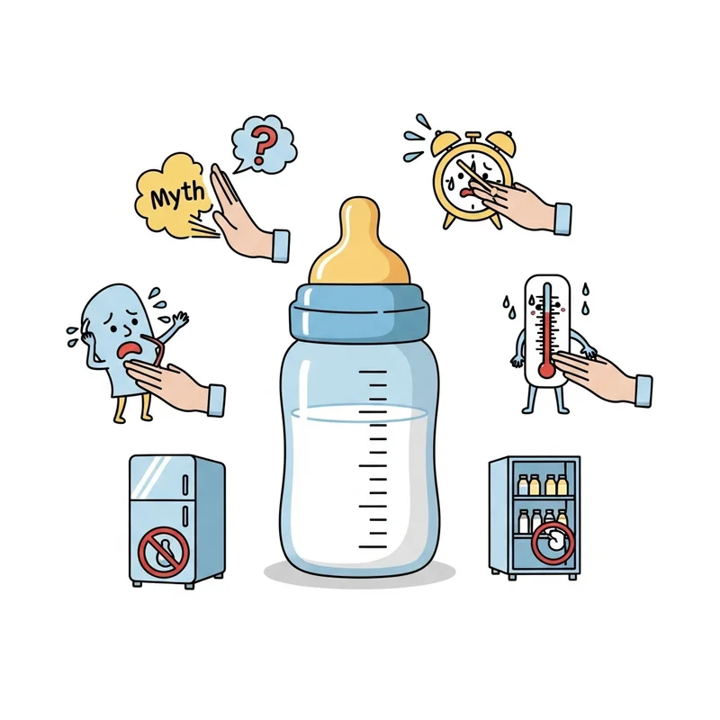 ilustracja butelki z mlekiem dla dziecka i obrazki pokazujące różne problemy dotyczące mleka