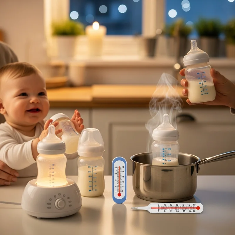 podgrzewane mleko z termometrem obok by sprawdzić temperaturę, uśmiechnięte niemowlę trzymanę przez kobietę w tle