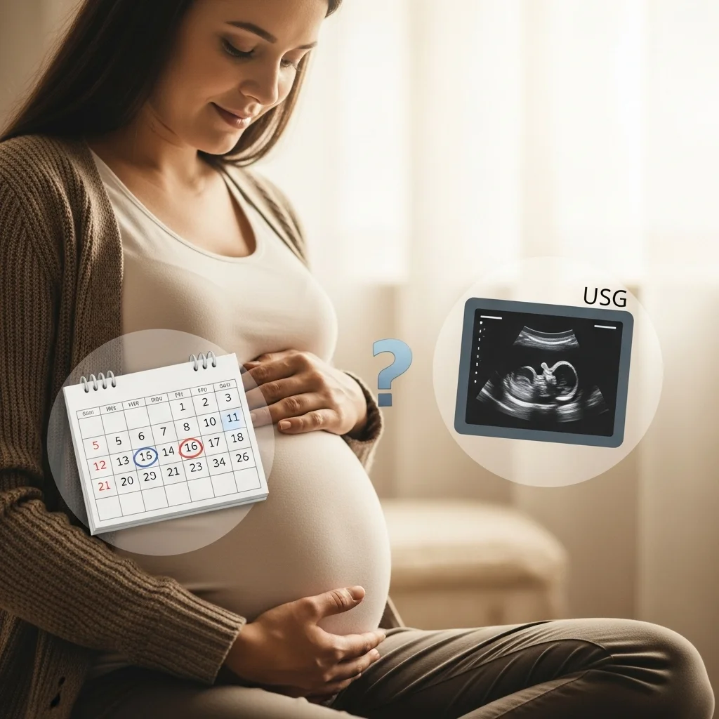 Kobieta w ciąży trzyma się za brzuch. Obok kalendarz z zaznaczonym dniem i obraz USG, znak zapytania.