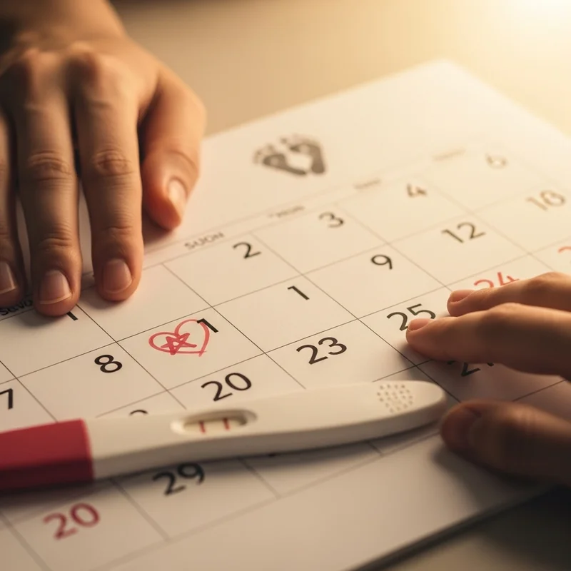 Kalendarz z zaznaczoną datą 1 z sercem, test ciążowy z dwoma kreskami, ręce wskazują na daty.