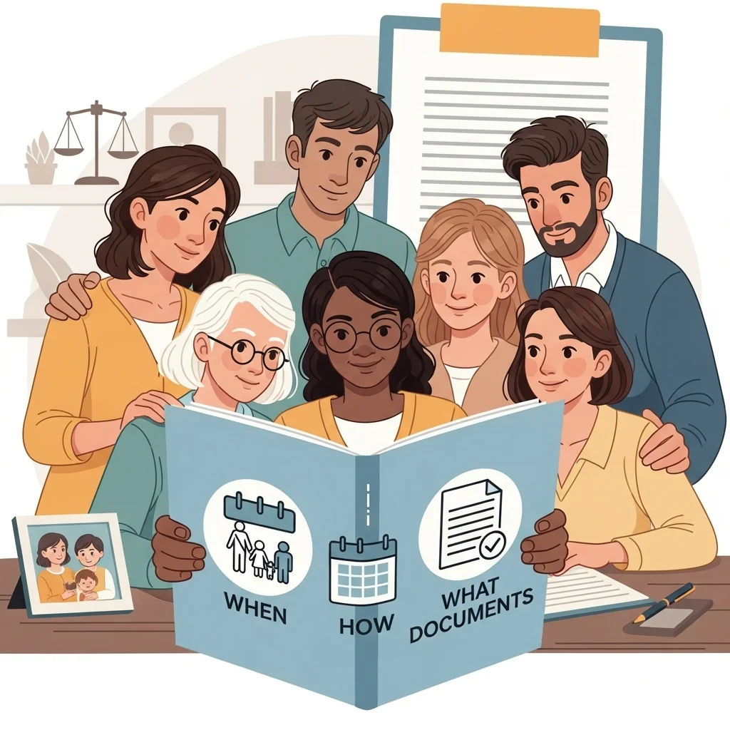 Grupa osób trzymających otwartą książkę z napisami: Kiedy, Jak, Jakie dokumenty, ilustrującą proces ustanawiania opieki nad dzieckiem.