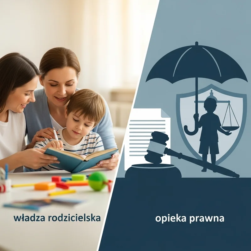 Dwie kobiety i dziecko czytają książkę, obok grafika z parasolem, dzieckiem i wagą, oraz napisami: władza rodzicielska, opieka prawna.