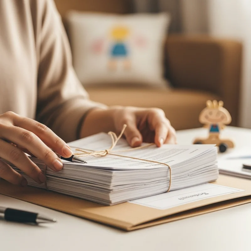 Osoba trzymająca długopis nad stosem dokumentów związanym sznurkiem, na biurku leży brązowa teczka z napisem 'Bussiness'