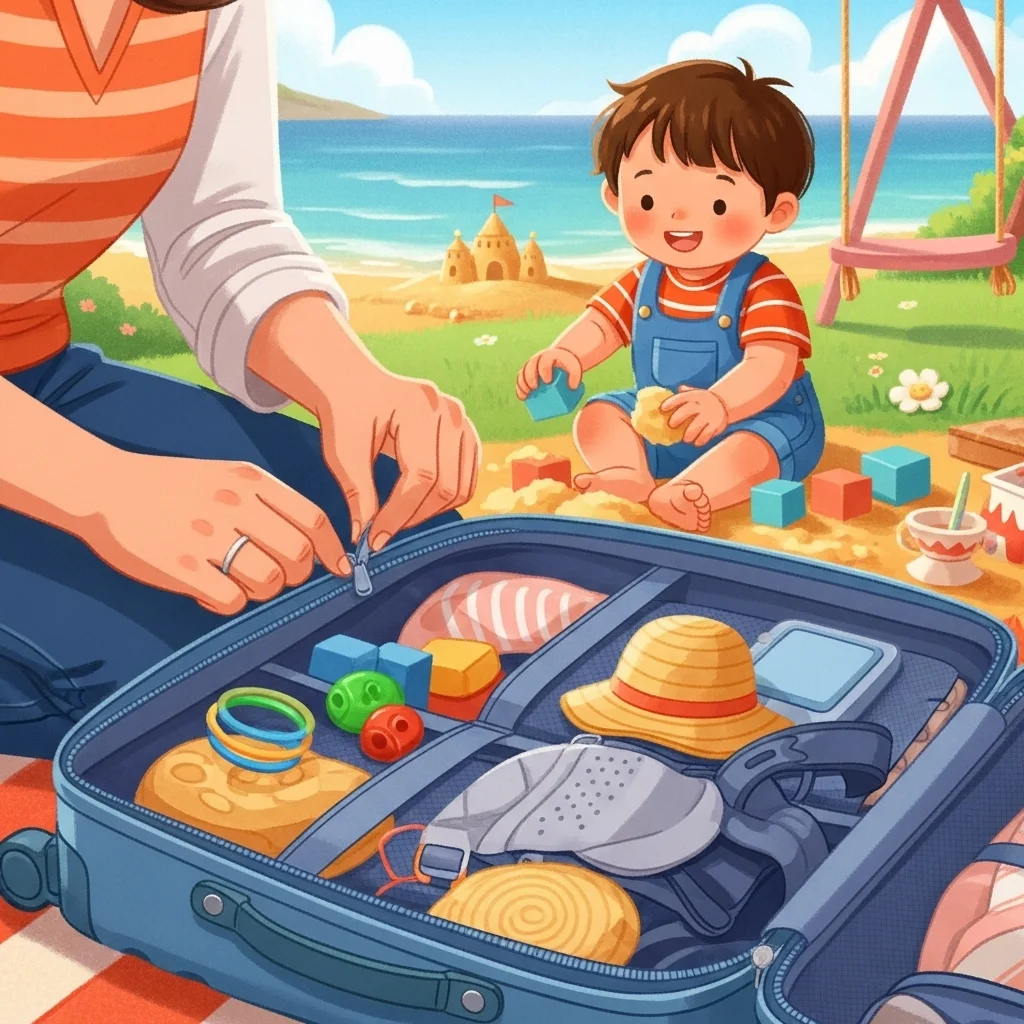 Kobieta pakuje walizkę na plaży, a małe dziecko bawi się klockami i piaskiem w tle.