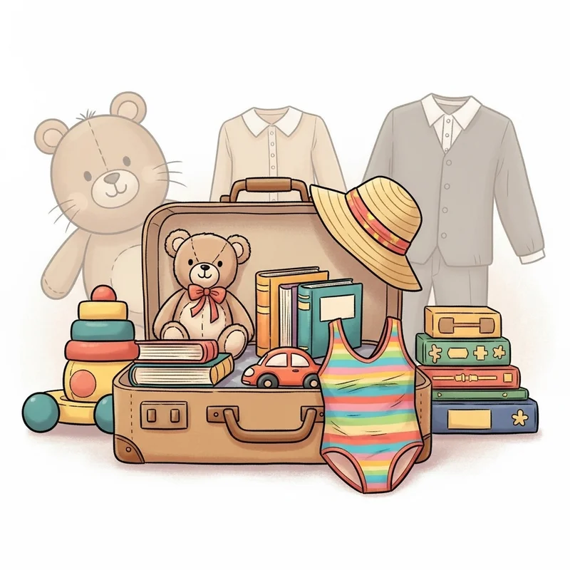 Ilustracja walizki z ubrankami, książkami, zabawkami i strojem kąpielowym. Obok widać zarys pluszowego misia i ubrań.